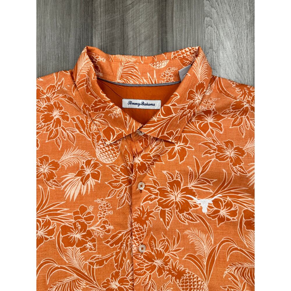 Tommy Bahama Texas Longhorns Hawaiian Cotton Camp Shirt Orange/White — Size 2XL - Picture 4 of 8